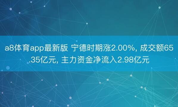 a8体育app最新版 宁德时期涨2.00%， 成交额65.35亿元， 主力资金净流入2.98亿元