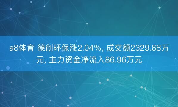 a8体育 德创环保涨2.04%， 成交额2329.68万元， 主力资金净流入86.96万元